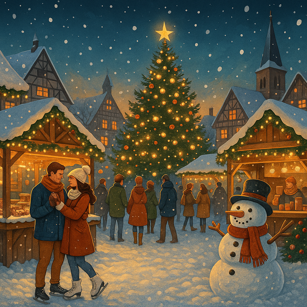 Sfeervolle Duitse kerstmarkt met lichtjes en winterse sfeer